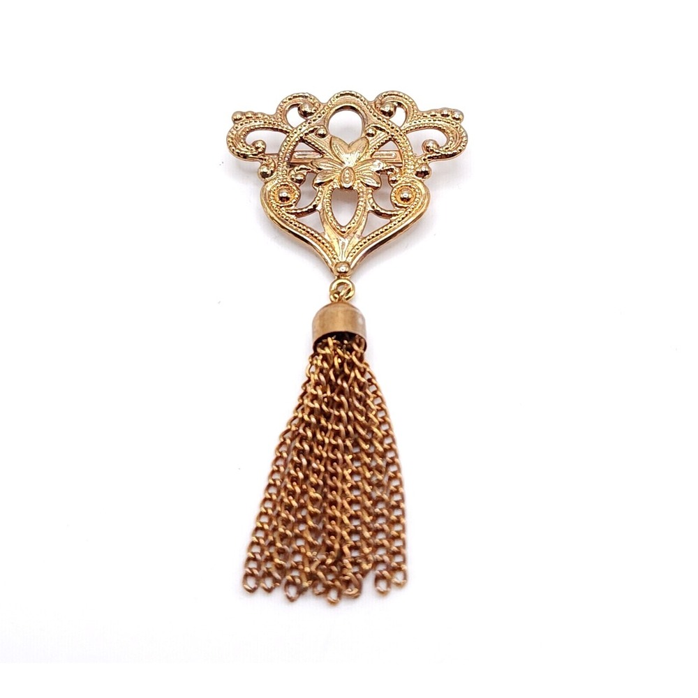 Vintage Gold Brooch Pin Tassel Scrollwork Floral Statement